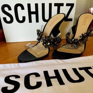 NEW Schutz Laureen Embellished Mule Heels in Deluxe Nappa Black SZ 8.5B-NWT